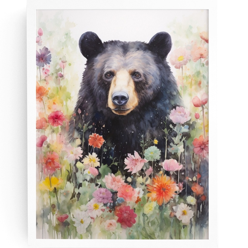 Watercolor Floral Black Bear Portrait Wall Art Illustration Print Unframed